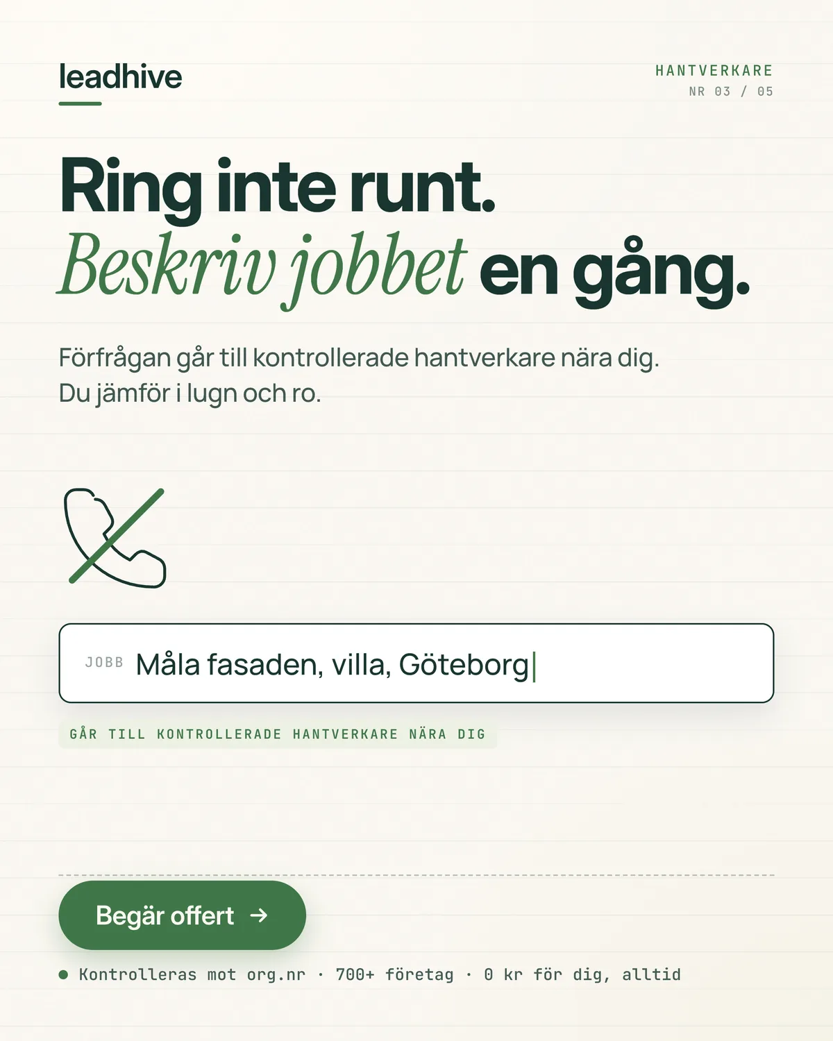 Annons med rubriken Ring inte runt, en överstruken telefonlur och ett textfält