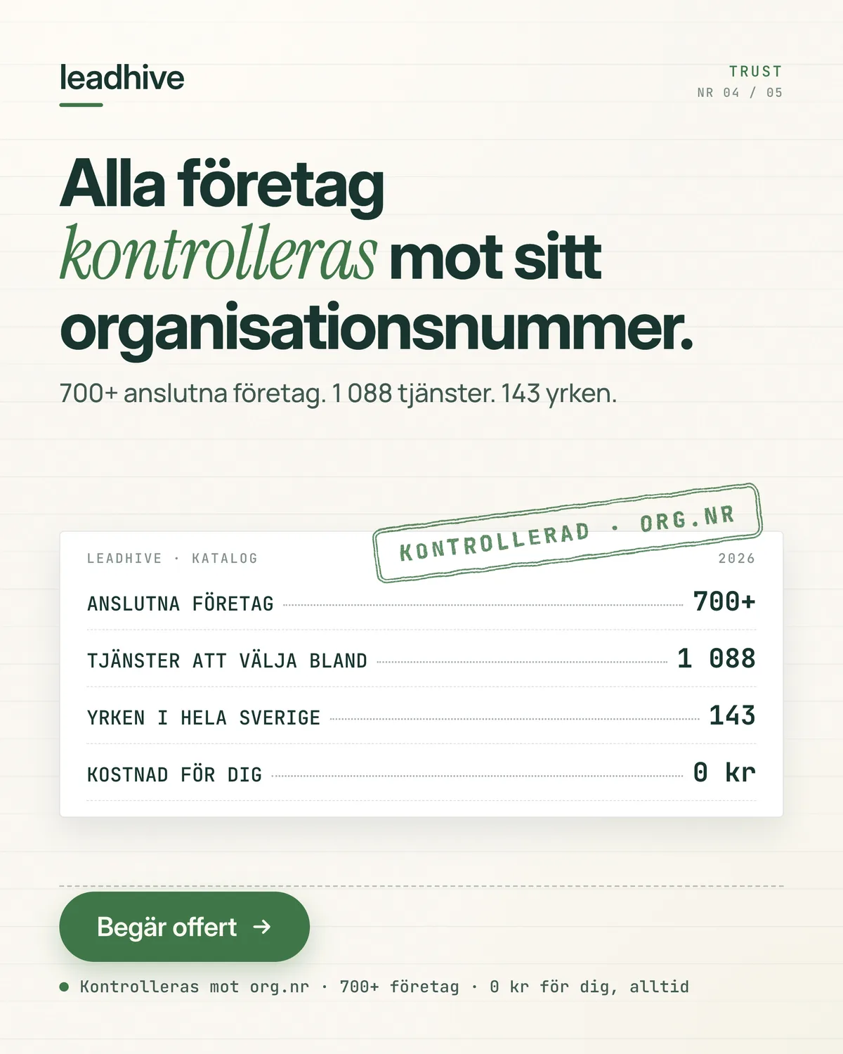 Annons med rubriken Alla företag kontrolleras mot sitt organisationsnummer och ett kvitto med siffror
